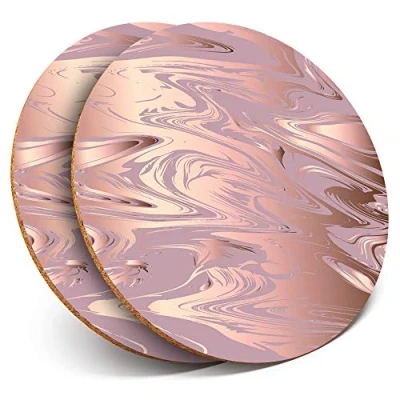 Image of 2 x Round Coasters Rose Gold Marble Pattern Pretty Cork Backed Home Kitchen Accessory Tea Coffee Mug Mat #24125