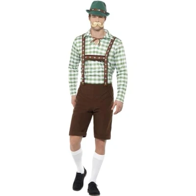 Image of Smiffys Alpine Bavarian Costume, Green &amp; Brown with Shirt Lederhosen, Oktoberfest Fancy Dress, Adult Dress Up Costumes