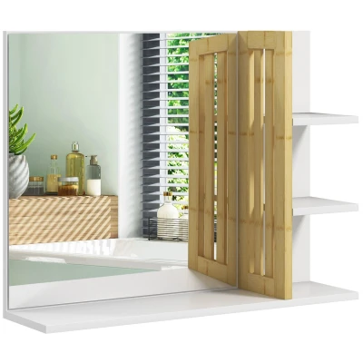 Image of HOMCOM Modern Bathroom Mirror with Shelf, Wall mounted Vanity 4 Storage Shelves and Bamboo Panel for Make Up, White