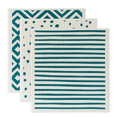 Image of DII Swedish Dishcloths for Kitchen &amp; Cleaning, Reusable, Machine Washable Dishwasher Safe, Biodegradable, 7.75 x 6.75, Teal White