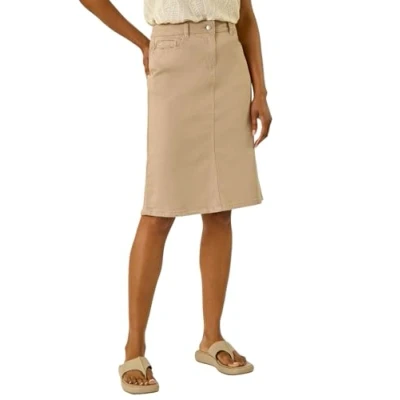 Image of Roman Originals Denim Skirt with Pockets for Women UK Ladies Jean Skirts Cotton Stretch Mid Wash Fitted A Line Casual Smart Work Office Knee Length Flattering Slimming Natural Size 18