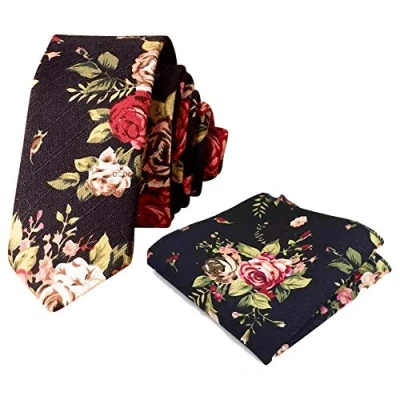 Image of DB Dickie Bow Men&#039;s Luxury Cotton Skinny Neck Tie &amp; Pocket Square Set (Black Floral) suitable for formalwear, office, weddings, parties, grooms groomsmen outfits