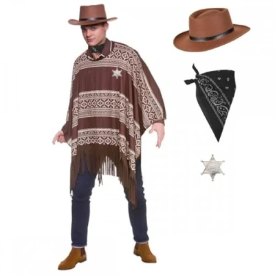 Image of Adult Mens Western Cowboy Poncho + Gunslinger Hat Silver Sheriff Badge BLACK Bandana Option : Wild West Fancy Dress Costume (Poncho Set BANDANA)