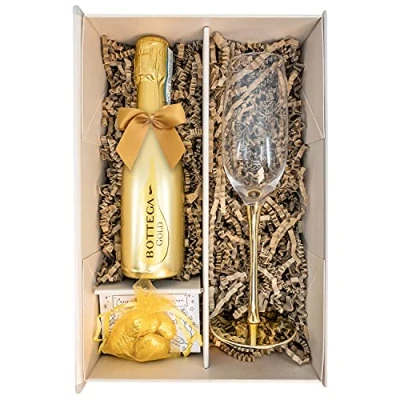 Image of Gold Bottega Prosecco DOC 20cl Gift Set Hamper With Matching Sparkling Glass Flute, Chocolates and Box Gifts for Women Wine Lovers (Metallic Stem)