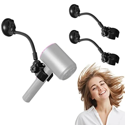 Image of Adjustable Hair Dryer Holder Stand, 360 Degree Rotation Blow Bracket with Positionable Arm and Suction Cup, Hands Free for Mirror Ceramic Tile (Black 2Pack)
