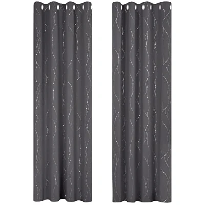 Image of Deconovo Dotted Line Sliver Foil Patterned Curtains Eyelet Top Rings Blackout Thermal Insulated for Living Room 55 x 102 Inch Dark Grey