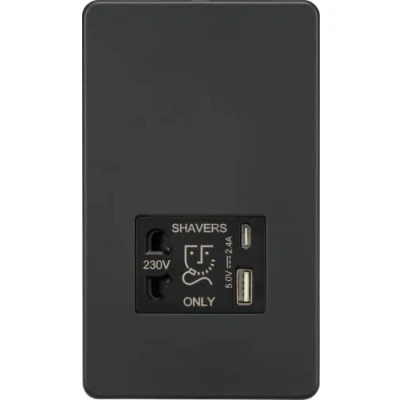 Image of KnightsBridge Shaver socket with dual USB A+C (5V DC 2.4A shared) Anthracite