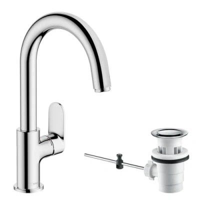 Image of hansgrohe Vernis Blend Basin Mixer Tap with swivel spout and pop up waste set, chrome, 71554000