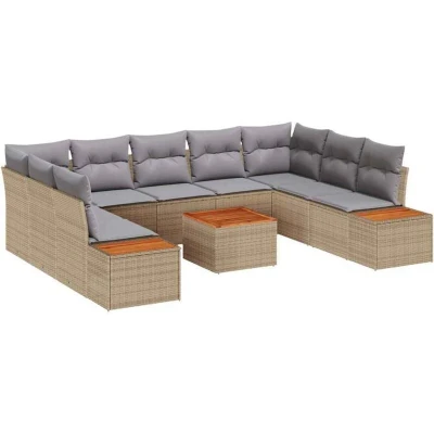 Image of vidaXL 10 Piece Garden Sofa Set with Cushions Beige Poly Rattan and Acacia