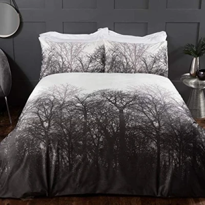 Image of Sleepdown Forest Trees Serene Scene Printed Soft Cosy Velvet White Charcoal Grey Duvet Cover Quilt Bedding Set with Pillowcase Single (135cm x 200cm)