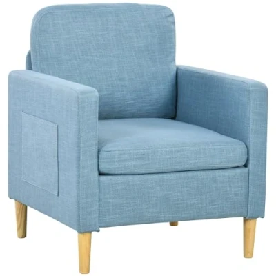 Image of HOMCOM One Seater Sofa for Living Room, Modern Fabric Couch with Wood Legs and 2 Pockets Bedroom Home Office, Blue
