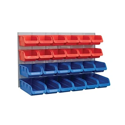 Image of Faithfull FAIPAN24 24 Plastic Storage Bins with Metal Wall Panel, Fixings Included,Blue / Red,12.0 cm*65.6 cm*39.8 cm