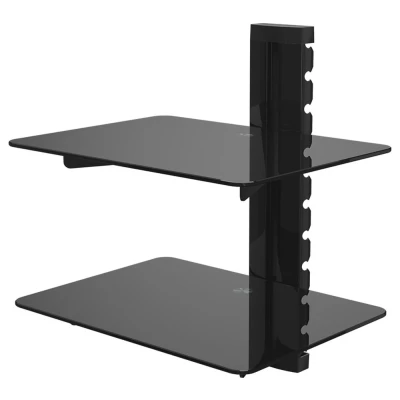 Image of AVF AV Accessory Shelf Black Glass Shelves 38cm Wide x 28cm Deep Under TV Storage, Safety Glass, Cable Management (Two Shelf)