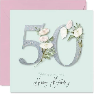 Image of 50th Birthday Cards for Women Fancy Floral Flowers Happy Card 50 Year Old Woman Sister Colleague Daughter Auntie, 145mm Bday Greeting