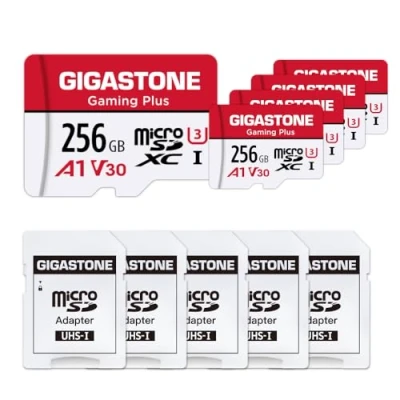 Image of Gigastone 256GB 5 Pack Micro SD Card, Gaming Plus, Nintendo Switch Compatible, R/W 100/60MB/s, 4K Video Recording, SDXC UHS I A1 U3 Class 10, with Adapters