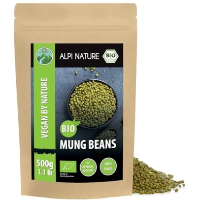 Image of organic mung beans (500g, 1.1lb), from controlled cultivation, gluten free, lactose laboratory tested, vegan, 100% natural without additives