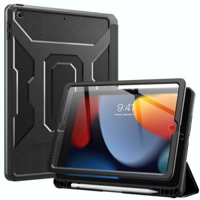 Image of MoKo Case for iPad 10.2, Fit 9th Gen 2021/ 8th/7th 2020/2019, Built in Screen Protector Full Body Shockproof Cover Multiangles Stand with Auto Sleep/Wake &amp; Pencil Holder, Black