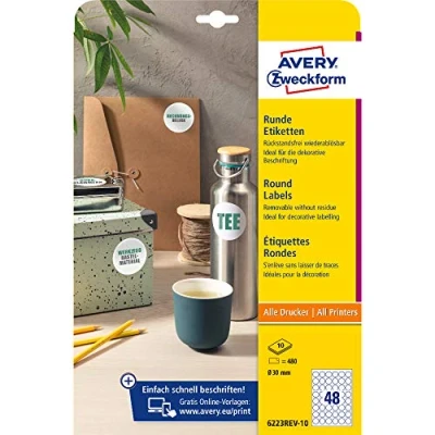 Image of AVERY Zweckform 6223REV 10 Round Labels (480 Adhesive Dots, Diameter 30 mm on A4, Stickers for Printing, Removable Without Residue/Removable, Self Jam Labels), Sheets, White
