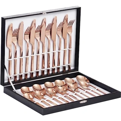 Image of Velaze 24 Piece Rose Gold Silverware Set Cutlery Set, Stainless Steel for 6 People Include Dinner Spoon, Fork, Knife and Tea Mirror Polished Design