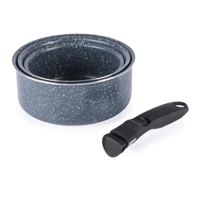 Image of Russell Hobbs Nightfall Stone Saucepan Set Smart Clip Non Stick Pans, 16cm, 18cm, 20cm, Stay Cool Detachable Handle, Oven to Hob Table Cooking, Space Saving Stackable Cookware, RH03294EU7