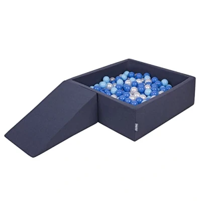 Image of KiddyMoon Foam Playground For Kids With Square Ballpit (200 Balls ∅ 7Cm/2.75In) Soft Obstacles Course And Ball Pool, Made In The EU, Darkblue:Babyblue/Blue/Pearl