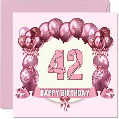 Image of Fun 42nd Birthday Cards for Woman Balloons Happy Card Dad Mum Brother Sister Grandad Nanny Grandma Uncle Auntie, 145mm x Greeting Cards,