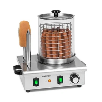 Image of Klarstein Wurstfabrik Pro 550 Hot Dog Maker Watts, 2 Heating Spits, Temperature Controller 30 100 C, Glass Cylinder: Ø 20 cm, Stainless Steel Cage: 17 Casing, Silver