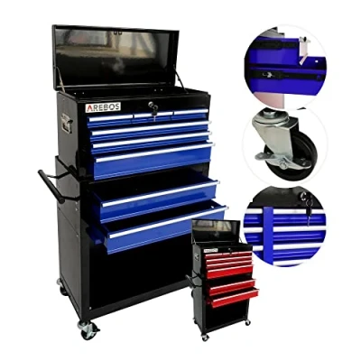 Image of Arebos Workshop trolley Tool Chest 8 compartments + large compartment for your tools Blue Black Anti slip mats Case top mobile &amp; removable Cabinet