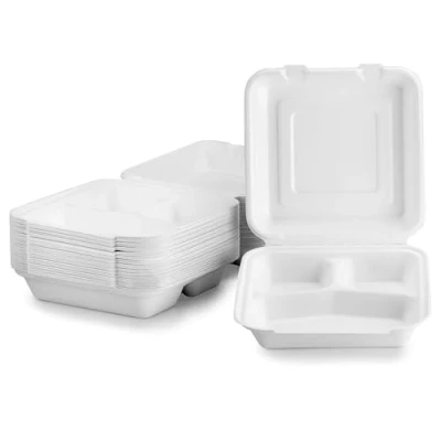 Image of CaterCo Disposable Bagasse Clamshell Food Containers 9 x inch 3 Compartment 50 Pack, Biodegradable Sugarcane Container, Compostable, Eco Friendly, Takeaway Boxes, Pack 9x9 Inch,