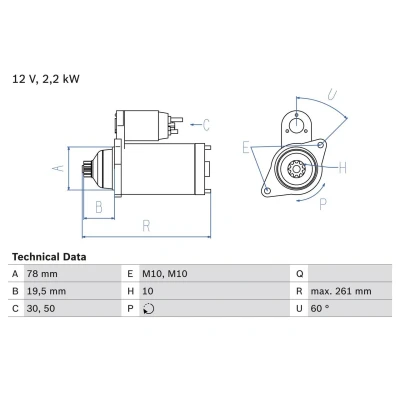 Image of 361004A000, 361004A010 Starter motor BOSCH 0 986 023 220 12V 2,2kW 10 30 rechts 78mm HYUNDAI: H 1 / i800 Travel, iLoad Cargo