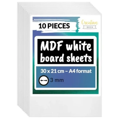 Image of Creative Deco 10 x A4 MDF Board Sheet White 300 210 3mm Wood Wooden Blank for Drawing, Home Decor, Art and Craft, Painting, DIY Projects, Laser Cutter, CNC Cutting, Stenciling Pyrography