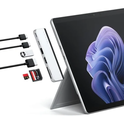 Image of SATECHI Dual USB C Hub for Surface Pro 9, Microsoft 9 Docking Station with 3.2 A, 4k/60Hz HDMI, USB4 Pass through, C, UHS I SD/TF Card
