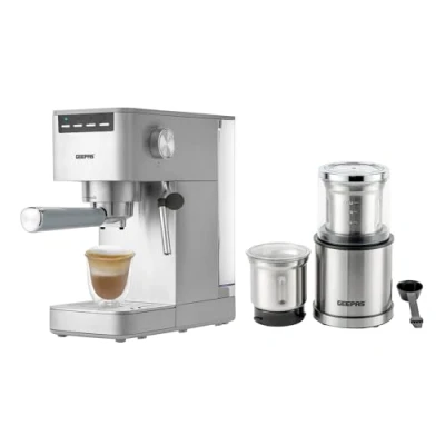 Image of GEEPAS 1450W Espresso &amp; Cappuccino Coffee Machine 200W Grinder Combo Set Milk Frother, 1.4L Water Tank Electric Wet Dry Food Processor Mill for Spice Nuts Chutney, 75g Detachable Bowl