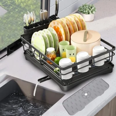 Image of BerryLands Dish Drainer Rack with Silicone Tap Mat Sink Utensil Holder for Kitchen Counter, Large Capacity Space Saving Drying Draining Board, (Black)