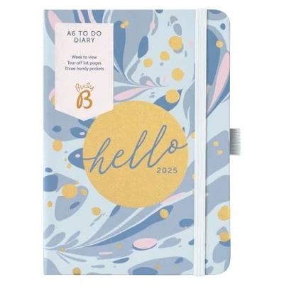 Image of Busy B 2025 Diary A6 Weekly Planner with to Do Lists &amp; Notes Pages Compact Blue Marble Journal Week View Layout, 3 Pockets Year