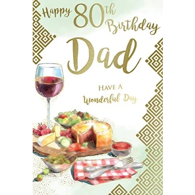 Image of Happy 80th Dad 80 Ploughman&#039;s Lunch Red Wine Design Birthday Card Lovely Verse