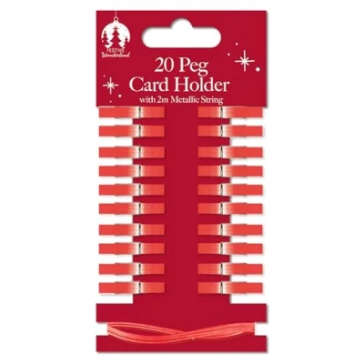 Image of Quickdraw 20 Wooden Peg Christmas Card Holders with Metallic String Festive Display Decoration (Red)