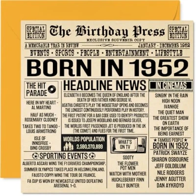 Image of 72nd Birthday Cards for Men Women Born In 1952 Newspaper Happy 72 Card Grandad Grandma Nan Vintage Retro Back 1952, 145mm x Seventy Two Second Bday Greeting