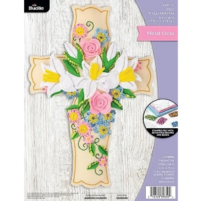 Image of Bucilla, Floral Cross, Felt Applique Wall Hanging Kit, Perfect for Holiday DIY Needlepoint Arts and Crafts, 89650E
