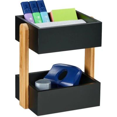 Image of Relaxdays Desk Organiser, 2 Open Compartments, Bamboo &amp; MDF, Storage Box Office, HWD: 25 x 22 16.5 cm, Black/Natural