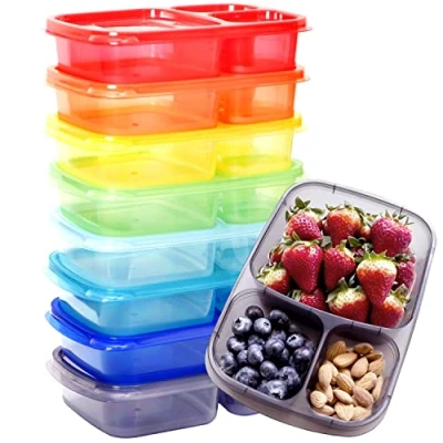 Image of Youngever 8 Pack Re usable Plastic Bento Lunch Box, Meal Prep Containers, 3 Compartment Divided Food Storage Container Boxes