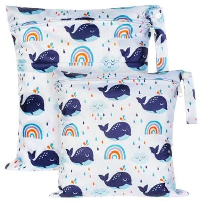 Image of Vicloon Wet Bag, 2 PCS Baby Cloth Nappy Bags, Bags with Double Zipper Pockets, Waterproof Reusable Washable Diaper for Babies Swimming Camping Travel Gym Beach Whale