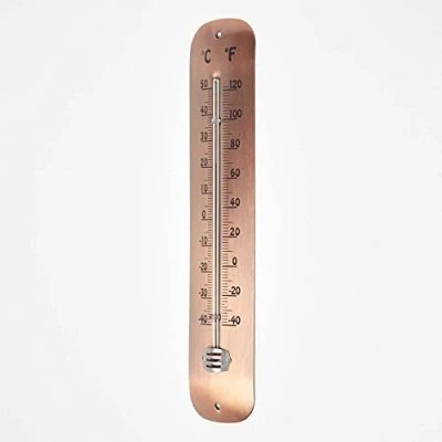 Image of HOMESCAPES Copper Plated Garden Thermometer Wall Mounted Outdoor Temperature Gauge with Celsius and Fahrenheit Measurement 30 cm Tall for Green House Patio Decking
