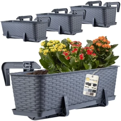 Image of KADAX Rattan Window Box, Rectangular Outdoor Planter with Saucer and Brackets for Balcony Railings (Set of 4: 60 cm, Graphite)