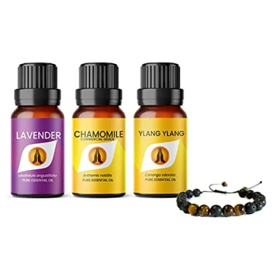 Image of Lava Stone Aromatherapy Brown Diffuser Bracelet and Sleep Essential Oils Set Pure Lavender, Ylang &amp; Chamomile (Dilute) Oil 10ml