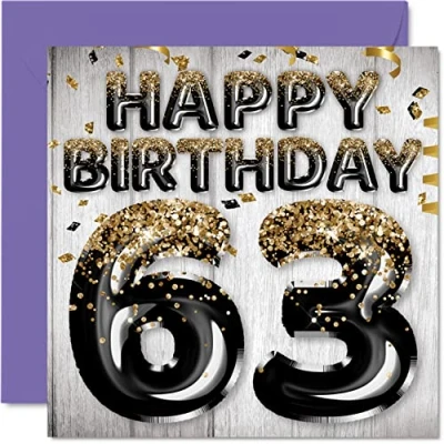Image of 63rd Birthday Card for Men Black &amp; Gold Glitter Balloons Happy Cards 63 Year Old Man Dad Grandad Grandpa Gran Uncle, 145mm x Sixty Three Third Bday Greeting Gift