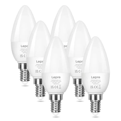 Image of Lepro E14 LED Light Bulb, Small Edison Screw SES Candle Bulbs, 4.9W 470lm, 40W Equivalent Warm White 2700K Energy Saving Non dimmable, Pack of 6
