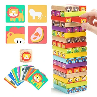 Image of TOP BRIGHT Wooden Tumble Tower for Kids 3 Year Olds, Building Blocks with Animals and Colors, Stacking Games Olds Board Age 5 8