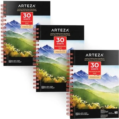 Image of Arteza Premium Watercolour Paper Pad, 3 Pack, 90 Sheets, 13.9 x 21.6 cm, Spiral Bound, 300gsm Paper, Cold Pressed, Acid Free, Art Supplies for Techniques and Mixed Media