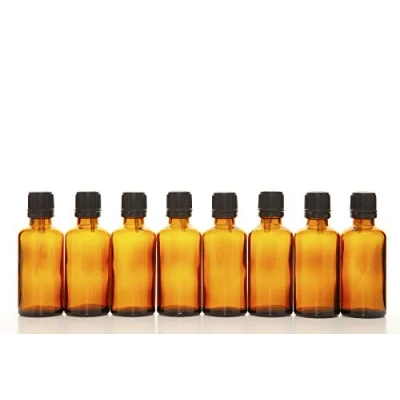 Image of Aura 50ml AMBER Glass Bottles with Black Tamper Evident Caps &amp; Droppers PACK of 8